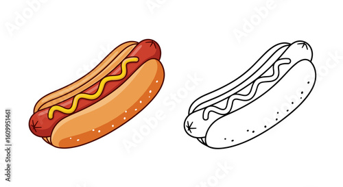 Illustration showing a hotdog with mustard and a line drawing of a hotdog beside it