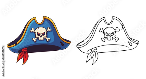 Illustration showing a pirate hat in color and black and white with skull and bones