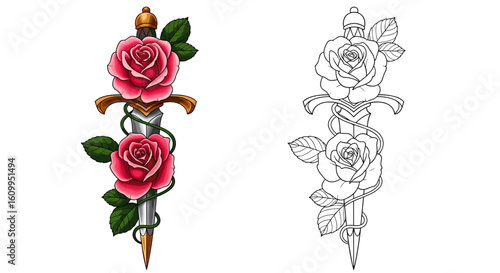 Illustration of a dagger entwined with roses, presented in both color and outline form