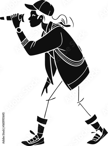 Silhouette of a person in a cap holding a microphone