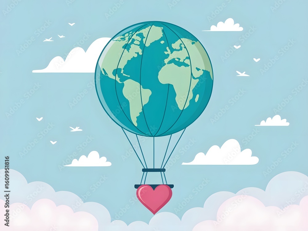 Obraz premium Photo of a hot air balloon shaped like the earth carries a heart