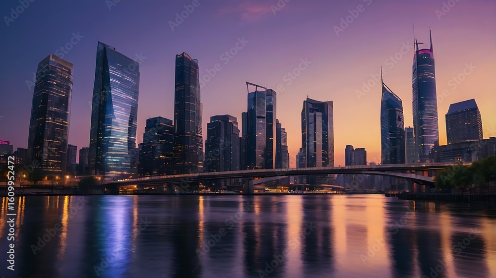 Obraz premium Stunning Cityscape at Sunset Urban Skyline Reflections