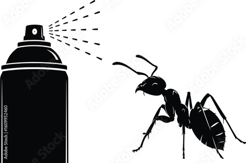 Cad drawing flat vector illustration, black and white ant repellent spray, pest control solution for home, insecticide bottle graphic