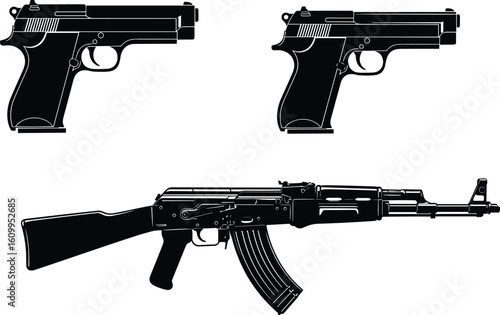 Vector Silhouettes of Semi-Automatic Pistols and Assault Rifle — Black CAD Firearm Shapes for Security, Weaponry, and Design Themes