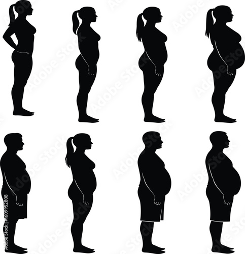Body weight silhouette comparison, male and female, slim to overweight, black figure art, health concept, cad drawing flat vector illustration