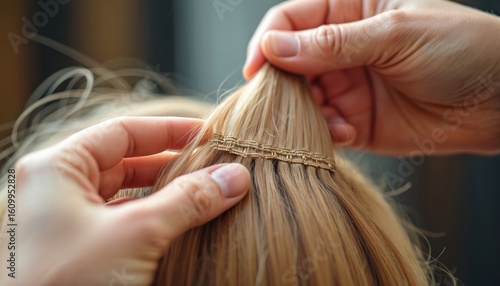 Close-up of blonde hair weft installation. Professional application of hair extensions creates volume and length. Stylist attaches weft. Beauty salon process for hair care and styling.