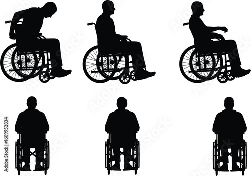 Vector Silhouettes of Wheelchair User in Multiple Postures — Side and Rear Views Illustrating Movement, Ergonomics, and Accessibility Concepts