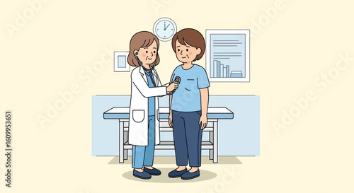 A female doctor examines a patient's chest with a stethoscope in a medical office.