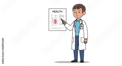 A male doctor in a white coat pointing at a diagram about health.