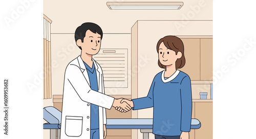 A doctor in a white coat shakes hands with a female patient in a clinic room, symbolizing trust and a positive medical interaction.