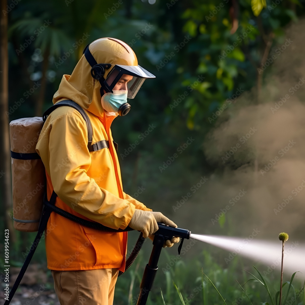Naklejka premium Man work fogging to eliminate mosquito for preventing spread dengue fever and zika virus