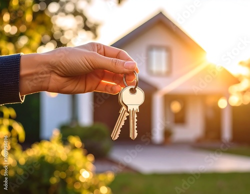 Hand holding keys in front of house