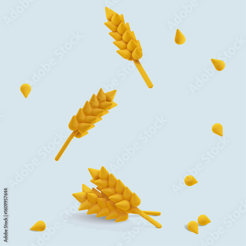 Falling Wheat stalks and individual wheat grains. 3D cartoon plasticine style, vector graphic on pastel light blue. Perfect for autumn-themed projects.