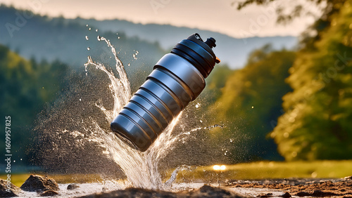 Water Bottle in Outdoors Natural Location Splashing in Puddle
