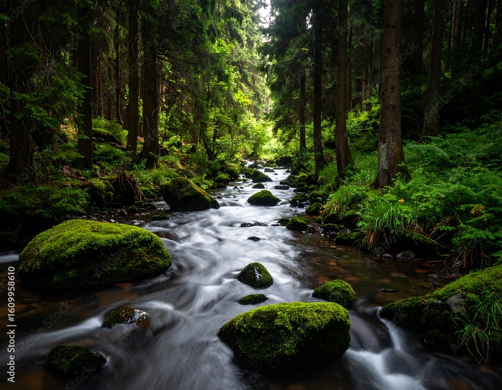 Obraz premium Forest stream, mossy rocks, lush greenery