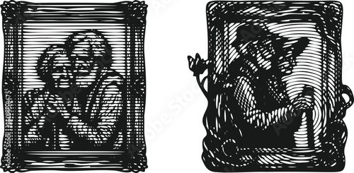  Monochrome Engraving Style Old Couple Inside Vintage Frame Photocopy Lined Art Bundle Illustration