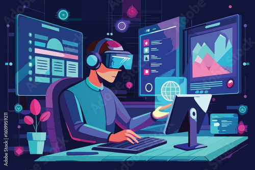 Immersive virtual reality experience with futuristic technology and data visualization interfaces