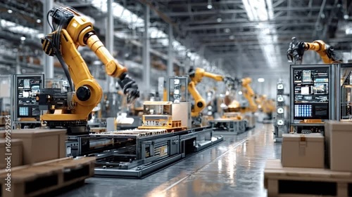 Precision driven robotic arms operating on advanced manufacturing assembly line, demonstrating high efficiency automated production with cutting edge technological innovation