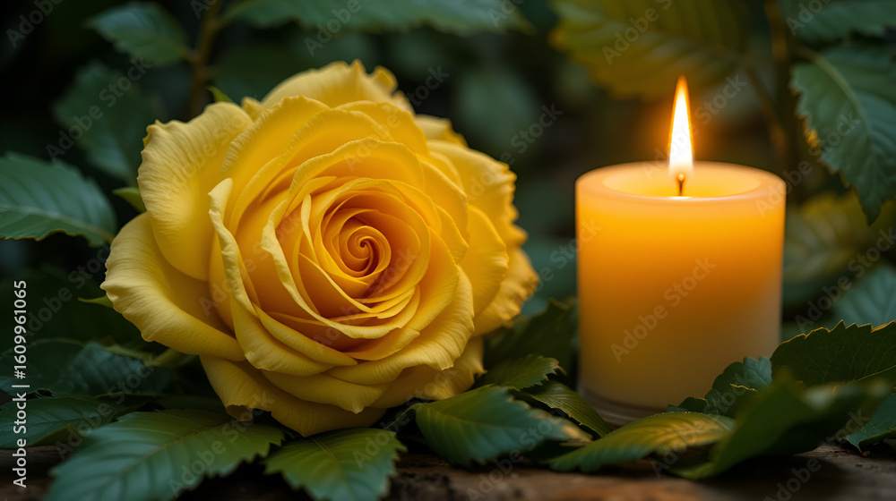 Fototapeta premium Yellow rose and candle in green leafy setting