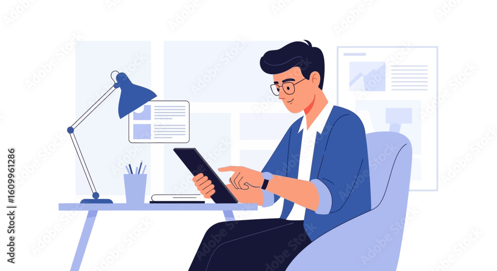 Fototapeta premium A man sits at a desk, using a tablet, with a lamp, pens, and a notebook nearby.