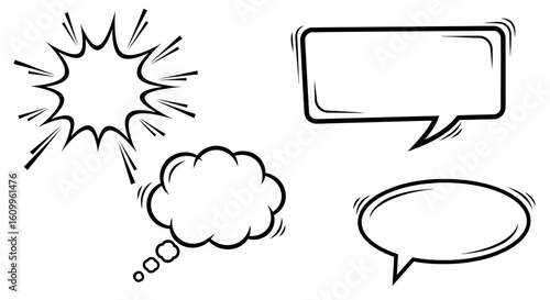 Collection of four blank speech bubbles in various comic book styles, ready for text.