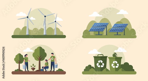 Sustainable energy and environmental conservation depicted in a flat design, showing wind turbines, solar panels, and people planting trees.