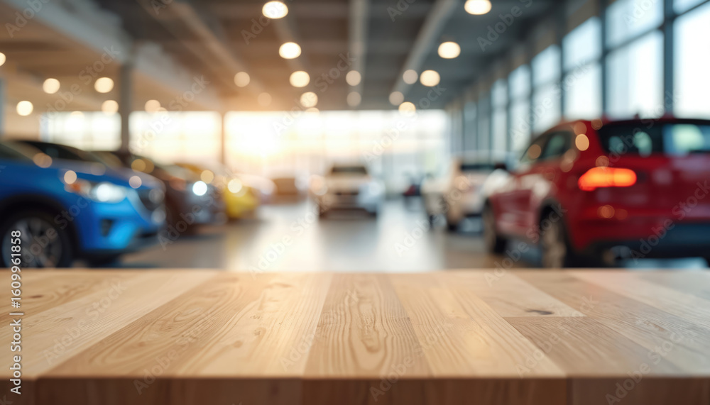 Obraz premium Wooden table surface in front of blurred car showroom interior with rows of automobiles. Soft focus background shows dealership environment with vehicles for sale, perfect for product placement.