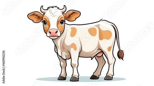 Cute cartoon calf standing a bit wobbly with a gentle expression in a playful style