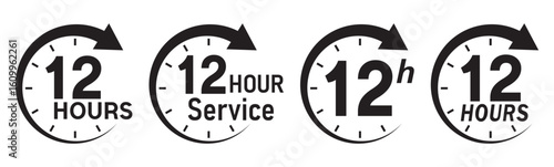 12 hours service icon vector set. 12 hours service duration sign. Vector Set of Hour Labels.  12 hours clock arrow icons, work and delivery time symbols.  12hr support sign collection.