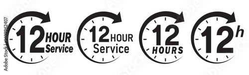 12 hours service icon vector set. 12 hours service duration sign. Vector Set of Hour Labels.  12 hours clock arrow icons, work and delivery time symbols.  12hr support sign collection.