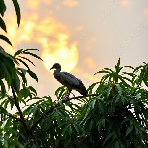 Langit bersinar terang, awan berarak pelan, sementara ranting dan daun pohon menari dalam keheningan alam.