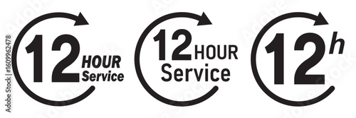 12 hours service icon vector set. 12 hours service duration sign. 12 hours clock arrow icons, work and delivery time symbols.  12hr support sign collection. hours clock arrow on white background.
