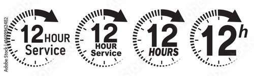 12 hours service icon vector set. 12 hours service duration sign. 12 hours clock arrow icons, work and delivery time symbols.  12hr support sign collection. hours clock arrow on white background.