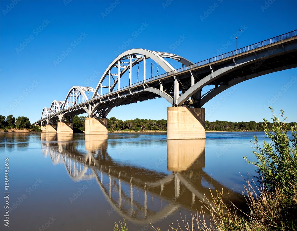 Fototapeta premium Steel arch bridge spanning a calm river. Clear blue sky. Perfect reflection