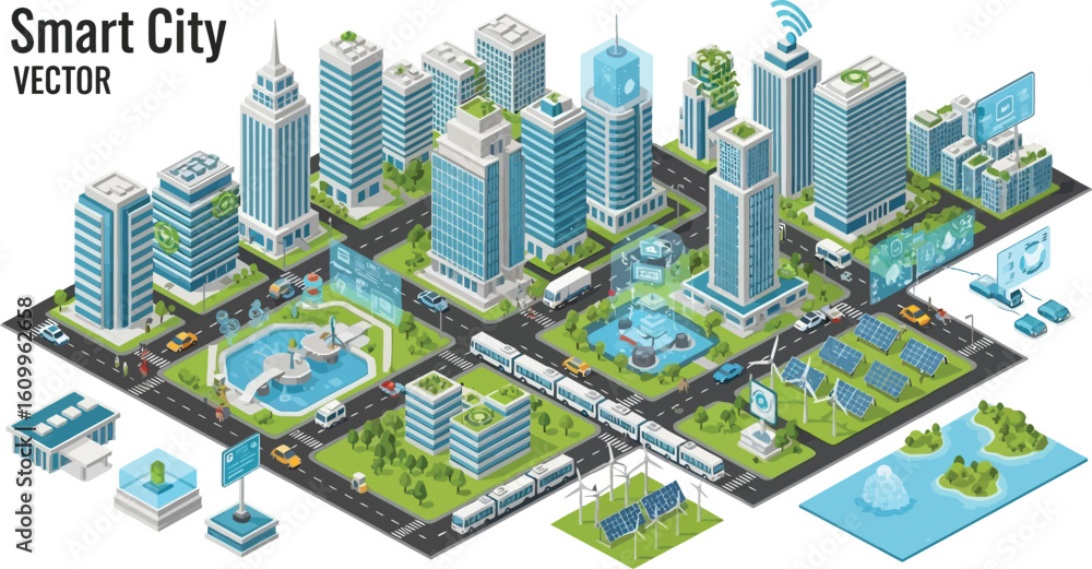 Isometric illustration of a smart city with buildings, parks, and renewable energy sources