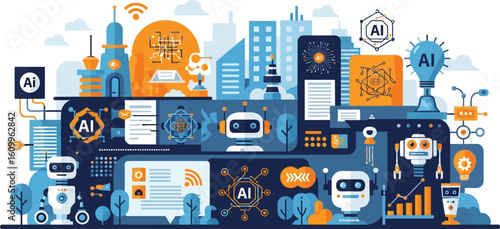 Illustration of artificial intelligence elements and robots in a cityscape environment vector design