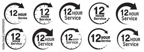 12 hours service icon vector set. 12 hours service duration sign. 12 hours clock arrow icons, work and delivery time symbols.  12hr support sign collection. hours clock arrow on white background.