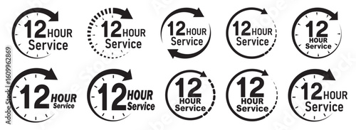 12 hours service icon vector set. 12 hours service duration sign. 12 hours clock arrow icons, work and delivery time symbols.  12hr support sign collection. hours clock arrow on white background.
