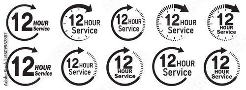 12 hours service icon vector set. 12 hours service duration sign. 12 hours clock arrow icons, work and delivery time symbols.  12hr support sign collection. hours clock arrow on white background.