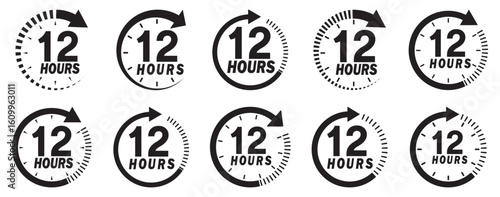 12 hours service icon vector set. 12h duration sign. 12 hours clock arrow icons, work and delivery time symbols.  12hr support sign collection. 12 hours icon vector set.