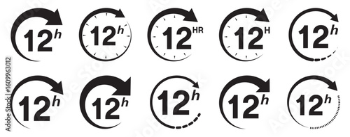 12 hours service icon vector set. 12h duration sign. 12 hours clock arrow icons, work and delivery time symbols.  12hr support sign collection. 12 hours icon vector set.