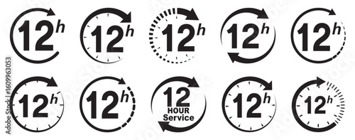 12 hours service icon vector set. 12h duration sign. 12 hours clock arrow icons, work and delivery time symbols.  12hr support sign collection. 12 hours icon vector set.