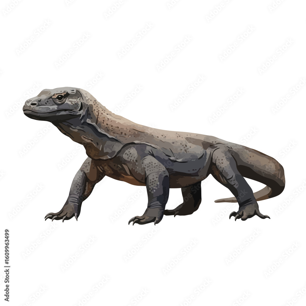 Fototapeta premium Komodo Dragon Large Lizard Walking Isolated on White Background Wildlife Reptile Animal