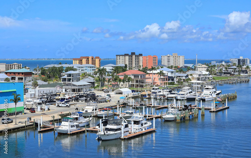 Aeral view of Fort Myers Beach downtown skyline and the Mantanza Pass Waterway and the Gulf.