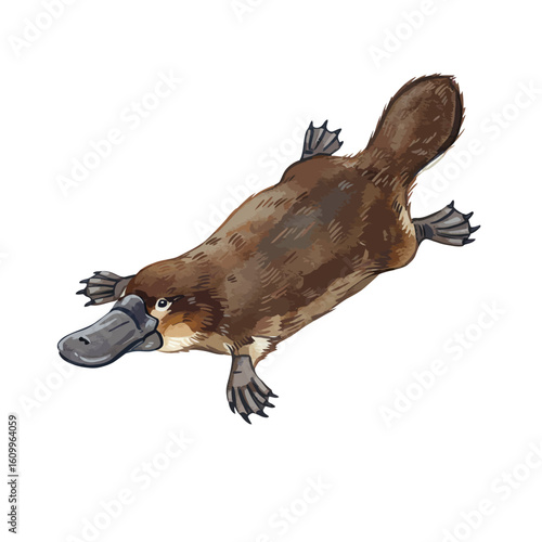 Platypus Swimming Isolated on White Background Detailed Wildlife Animal Illustration