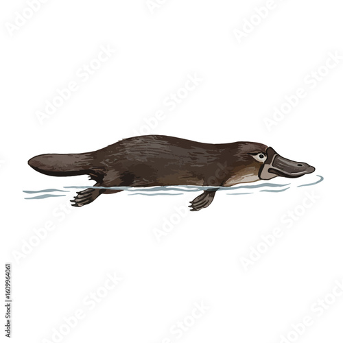 Detailed illustration of a platypus swimming in water aquatic mammal wildlife art
