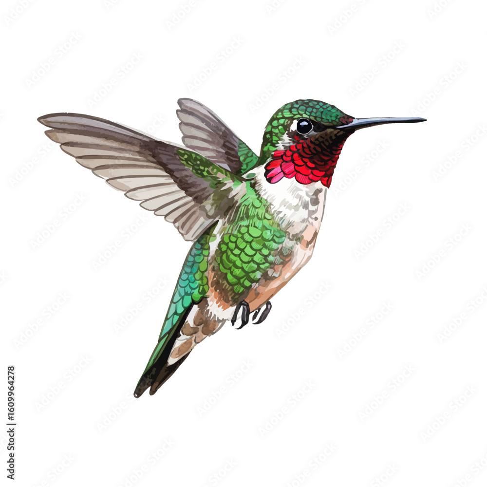 Fototapeta premium Vibrant Ruby-throated Hummingbird in Flight Isolated on White Background