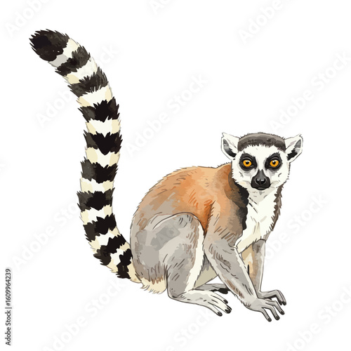 Ring Tailed Lemur Watercolor Illustration Isolated White Background Wildlife Animal Art