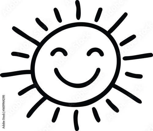 Simple black and white cartoon sun with smiling face 1
