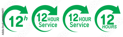 Green 12 hours service icon set. 12 hours service duration sign. Twelve hour delivery clock icon graphic. Green 12 hours clock arrow icons,12 hr delivery time symbols. Shipping delivery symbol. 
